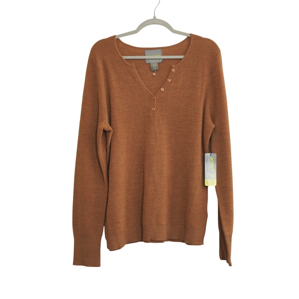 Wicked Wool Womens XL Extrafine Merino Wool Henley Sweater Ginger Brown NWT